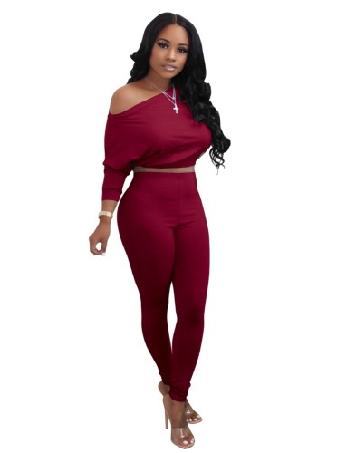 Red O-Neck Casual Crop Top and Legging Set