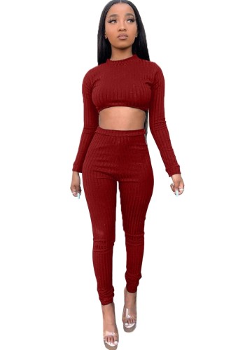 Red Knitted Crop Top and High Waist Legging Set