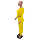 Yellow Waist Hem Casual Two Piece Pants Set