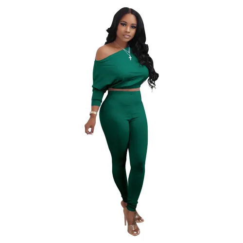 Dark Green Waist Hem Casual Two Piece Pants Set