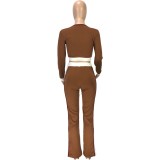 Brown Scoop Neck Contrast Binding Top & Pants Set