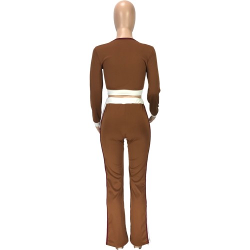 Brown Scoop Neck Contrast Binding Top & Pants Set