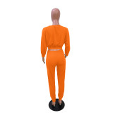 Orange Waist Hem Casual Two Piece Pants Set