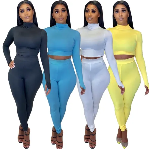 Blue Mock Neck Two Piece Bodycon Pants Set