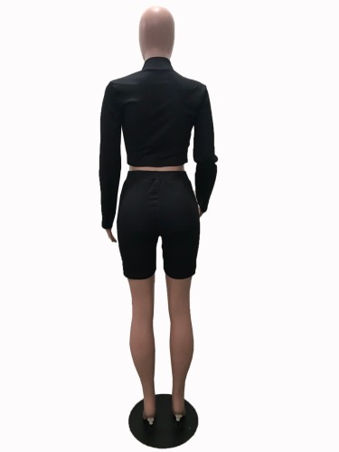 Black Zipper Long Sleeve Crop Top & Shorts Set