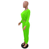 Neon Green Waist Hem Casual Two Piece Pants Set