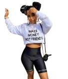 Black Letter Print Long Sleeves Two Piece Shorts Set