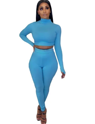 Blue Mock Neck Two Piece Bodycon Pants Set