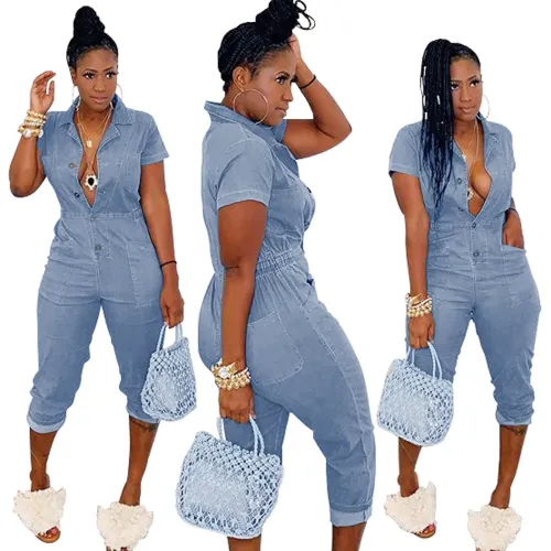 Button Up Short Sleeve Denim Jumpsuit