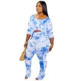 Tie Dye Light Blue Drawstring Top and Ruched Pants Set