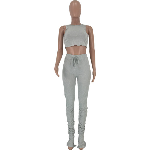 Gray Crop Top and Stacked Pants Set