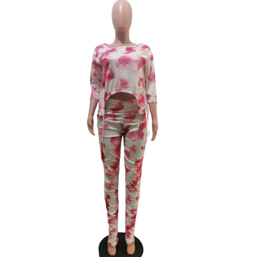 Tie Dye Red Drawstring Top and Ruched Pants Set
