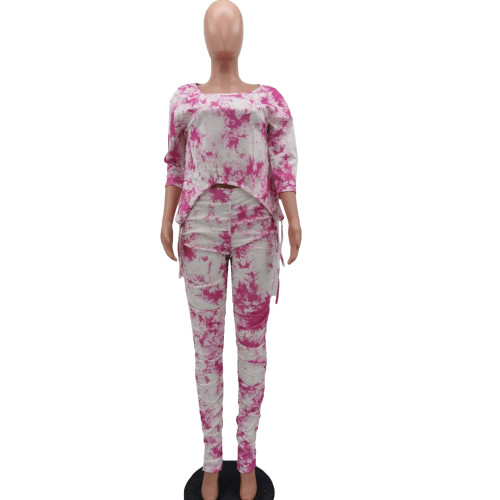 Tie Dye Hot Pink Drawstring Top and Ruched Pants Set