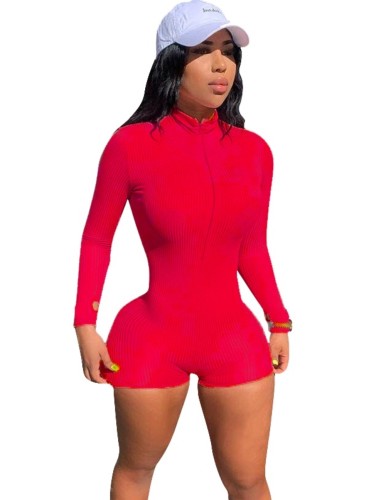 Red High Neck Zipper Rompers with Long Sleeves