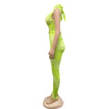 Lime Print Cut Out Lace-up Jumpsuit with Face Cover