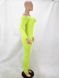 Lime Off Shoulder Drawstring Long Sleeves Jumpsuit