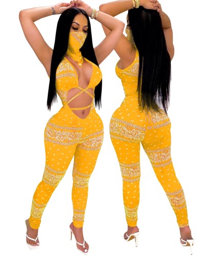 Yellow Print Cut Out Lace-up Jumpsuit with Face Cover