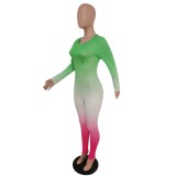 Green and Hot Pink Gradient Long Sleeve Jumpsuit