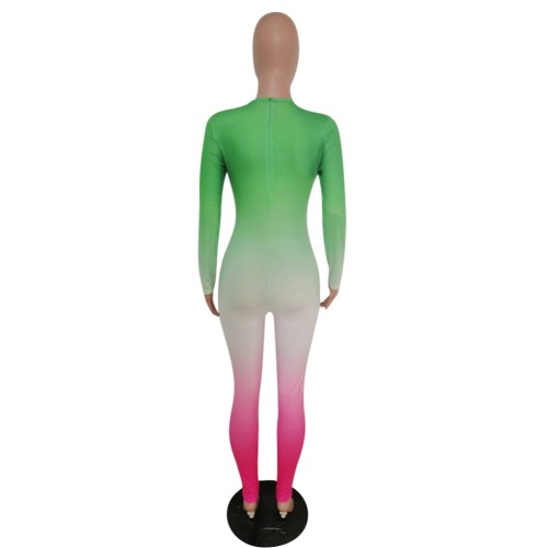 Green and Hot Pink Gradient Long Sleeve Jumpsuit