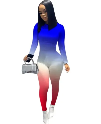 Blue and Red Ombre Long Sleeve Jumpsuit