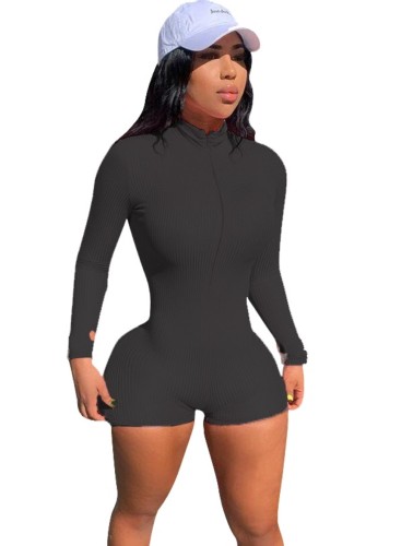 Black High Neck Zipper Rompers with Long Sleeves