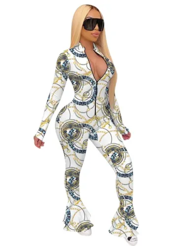White Print Zipper Flare Hem Long Sleeve Jumpsuit