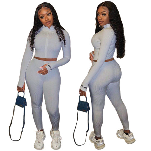 Gray Embroidered Letter Zipper Two Piece Pants Set
