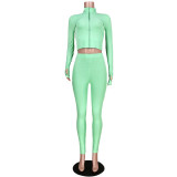 Mint Green Embroidered Letter Zipper Two Piece Pants Set