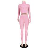 Pink Embroidered Letter Zipper Two Piece Pants Set