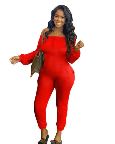 Red Off Shoulder Drawstring Long Sleeves Jumpsuit
