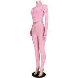 Pink Embroidered Letter Zipper Two Piece Pants Set