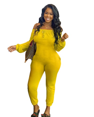 Yellow Off Shoulder Drawstring Long Sleeves Jumpsuit