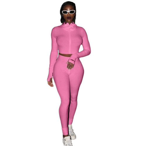 Hot Pink Embroidered Letter Zipper Two Piece Pants Set
