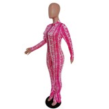 Hot Pink Zipper Flare Hem Long Sleeve Jumpsuit