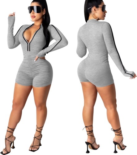 Gray Contrast Long Sleeve Ruched Zipper Romper