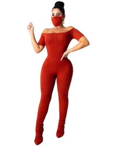 Red Off Shoulder Ruched Jumpsuit with Face Cover