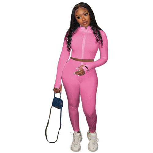 Hot Pink Embroidered Letter Zipper Two Piece Pants Set