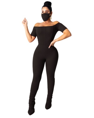Black Off Shoulder Ruched Jumpsuit with Face Cover