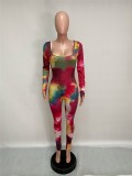 Tie Dye Colorful Long Sleeve Square Collar  Jumpsuit