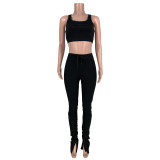 Black Crop Top and Stack Pants Set