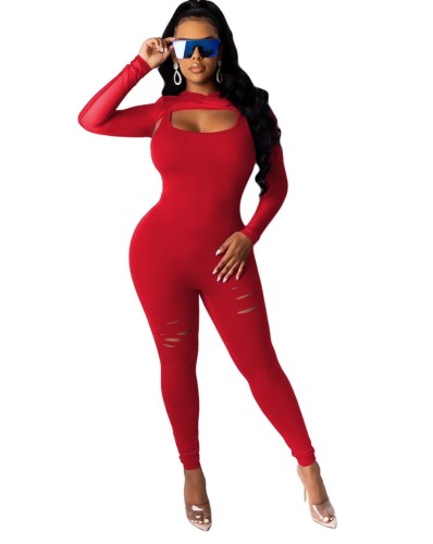 Red Ripped Tank Jumpsuits with Mesh Hooded Coat