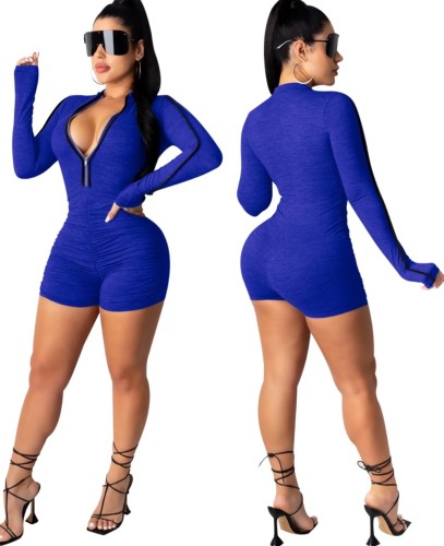 Blue Contrast Long Sleeve Ruched Zipper Rompers