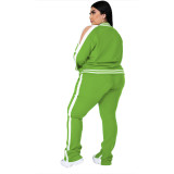 Plus Size Light Green Cold Shoulder Zipper Slit Sweatsuits