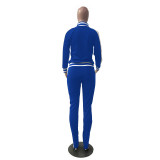 Blue Cold Shoulder Zipper Slit Contrast Stripes Sweatsuits