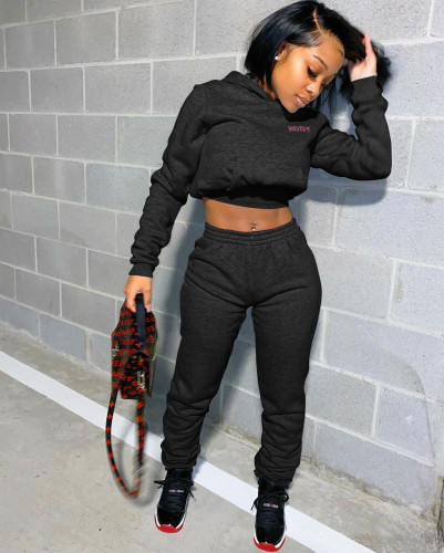 Black Letter Print Hooded Sweatsuits