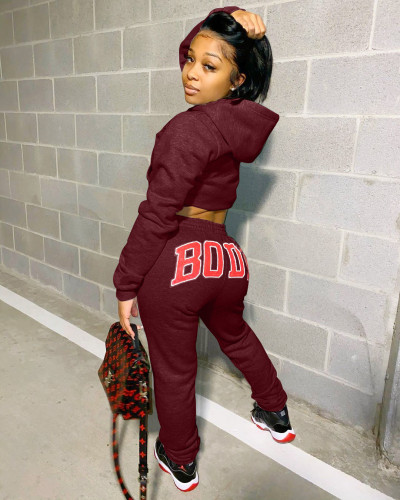 Burgundy Letter Print Hooded Sweatsuits