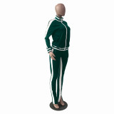 Dark Green Cold Shoulder Zipper Slit Contrast Stripes Sweatsuits
