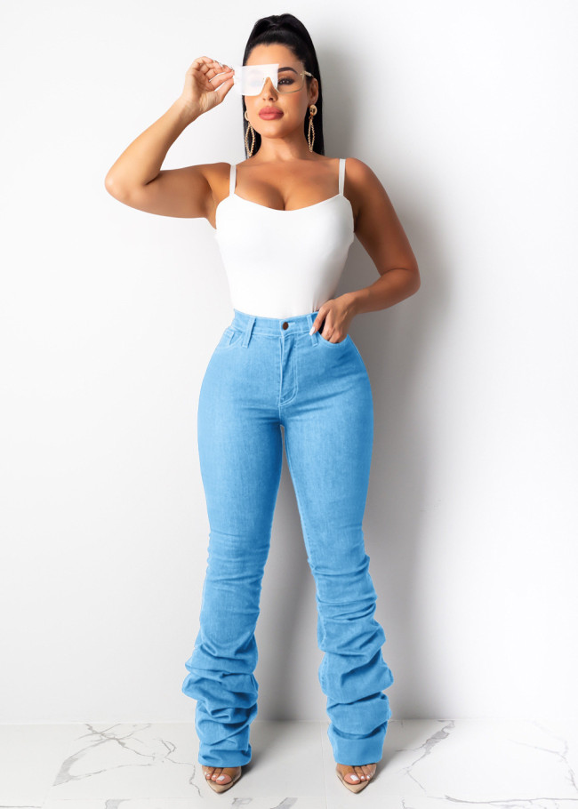 Stylish High Waist Blue Stacked Jeans