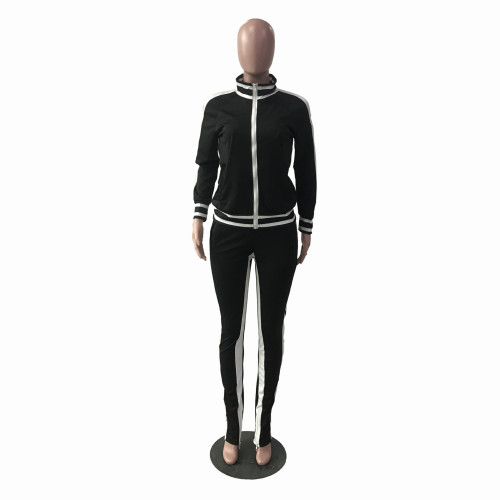 Black Cold Shoulder Zipper Slit Contrast Stripes Sweatsuits