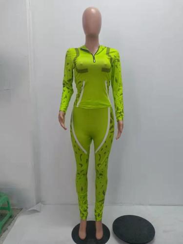 Print Neon Green Tight Sporty Two Piece Pants Set